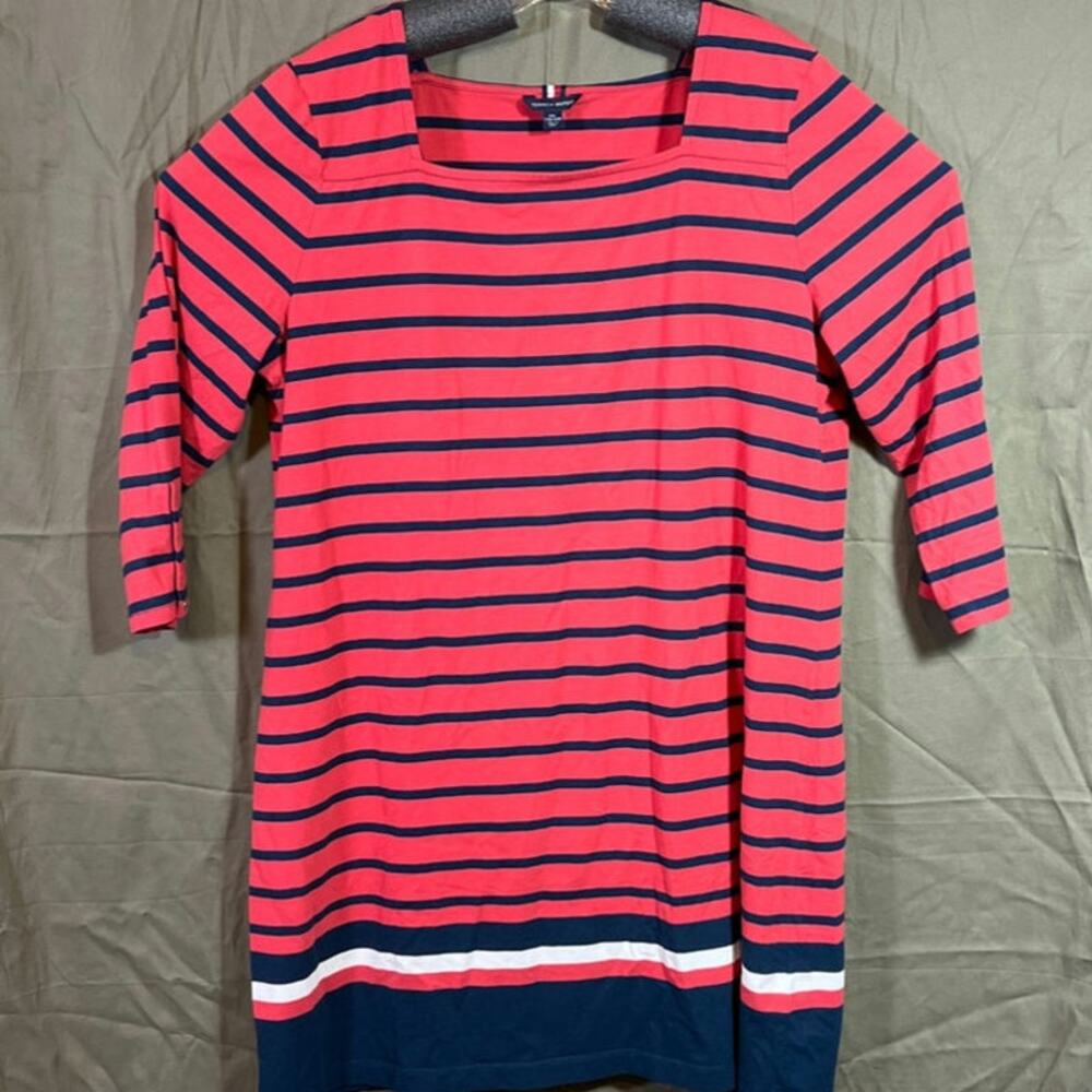 Tommy Hilfiger Striped Red Blue Midi Dress 3/4 Sleeves Nautical Americana Sz XXL